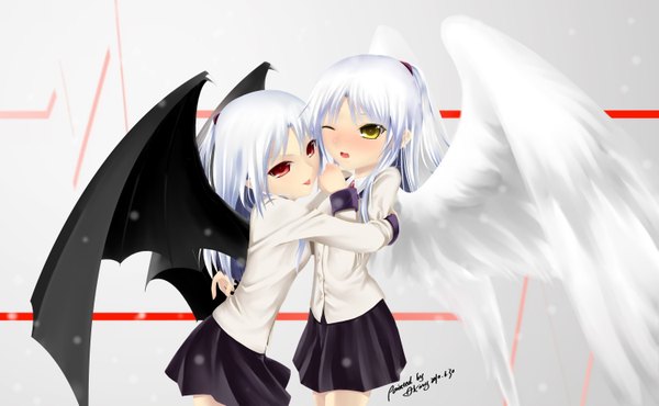 Anime picture 3000x1854 with angel beats! key (studio) tachibana kanade okingjo long hair highres red eyes wide image multiple girls yellow eyes white hair one eye closed wink hug angel wings demon wings dual persona girl skirt uniform