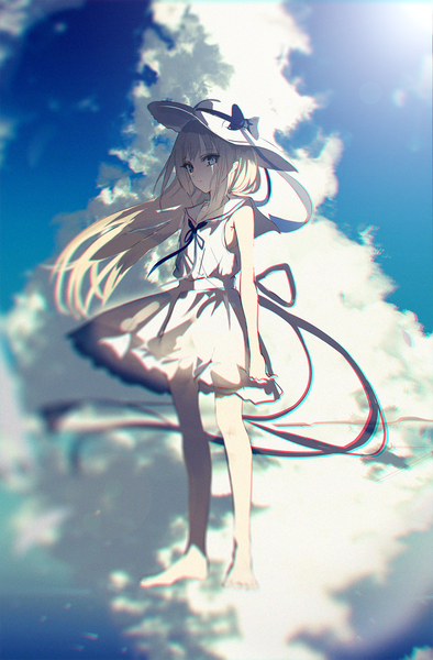 Anime picture 1000x1522 with original beckzawachi single long hair tall image looking at viewer fringe blonde hair standing bare shoulders cloud (clouds) full body barefoot wind grey eyes sleeveless shaded face anaglyph girl dress
