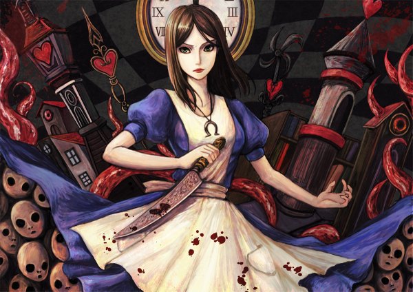 Anime picture 1200x849 with american mcgee's alice (game) alice: madness returns alice (american mcgee's) tagme (artist) single fringe short hair breasts brown hair green eyes lips pale skin bloody clothes bloody weapon weapon pendant blood mask clock knife
