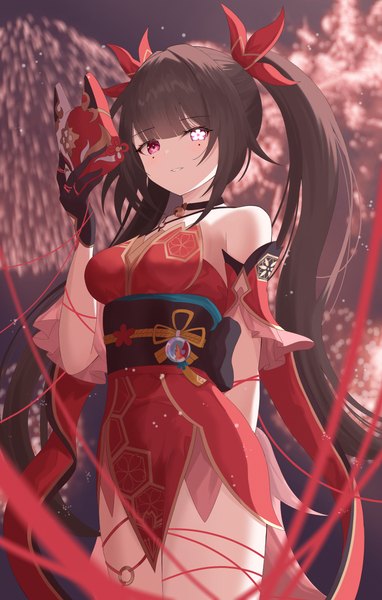 Anime picture 2550x4000 with honkai: star rail honkai (series) sparkle (honkai: star rail) nanashi1329 single long hair tall image looking at viewer fringe highres breasts smile red eyes brown hair standing twintails bare shoulders holding payot outdoors
