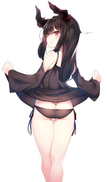 Anime picture 2508x4277 with original otokuyou single long hair tall image looking at viewer blush fringe highres light erotic black hair simple background hair between eyes red eyes standing white background payot ass looking back horn (horns)