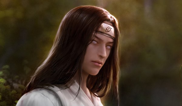 Anime picture 2634x1534 with naruto studio pierrot naruto (series) hyuuga neji clarissaferguson single long hair looking at viewer highres brown hair wide image upper body outdoors blurry realistic depth of field portrait white eyes boy bandana