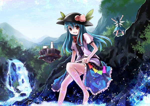 Anime picture 1062x752 with touhou cirno hinanawi tenshi risutaru long hair looking at viewer blush open mouth smile red eyes multiple girls blue hair sky barefoot arms up wet mountain girl skirt bow