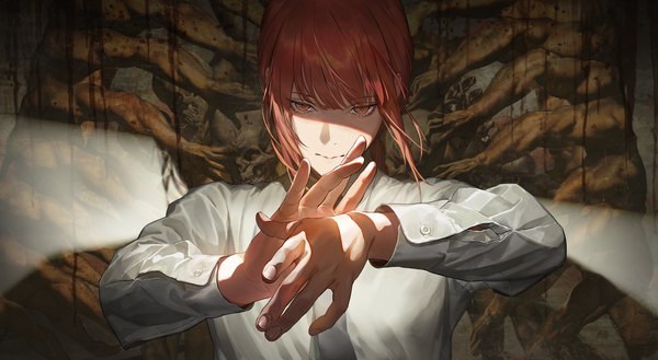 Anime picture 3557x1949 with chainsaw man mappa makima (chainsaw man) shogo (shogo) single long hair looking at viewer fringe highres wide image yellow eyes payot upper body red hair long sleeves arms up light serious girl shirt