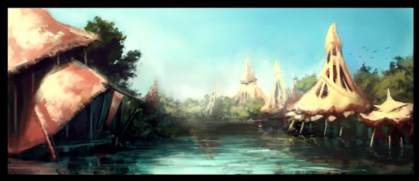 Anime picture 1284x555 with original bakurai (pixiv) wide image sky city border landscape river plant (plants) animal tree (trees) water bird (birds)