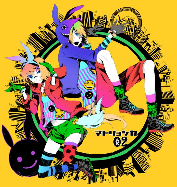 Anime picture 1800x1900 with vocaloid matryoshka (vocaloid) kagamine rin kagamine len macco (artist) tall image highres open mouth simple background blonde hair aqua eyes bunny ears couple city siblings yellow background twins girl thighhighs boy