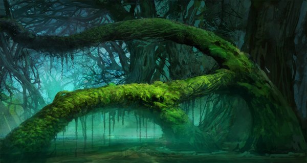 Anime picture 1502x800 with hao & su wide image landscape nature overgrown plant (plants) tree (trees) water forest swamp