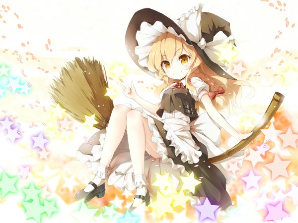 Anime picture 1000x750 with touhou kirisame marisa msa single long hair looking at viewer blonde hair yellow eyes witch girl dress skirt bow hair bow hat star (symbol) witch hat skirt set broom