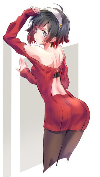 Anime picture 1236x2185 with rwby spy x family rooster teeth yor briar ruby rose hayami saori iesupa single tall image looking at viewer short hair black hair ahoge ass red hair long sleeves looking back arm up from behind grey eyes