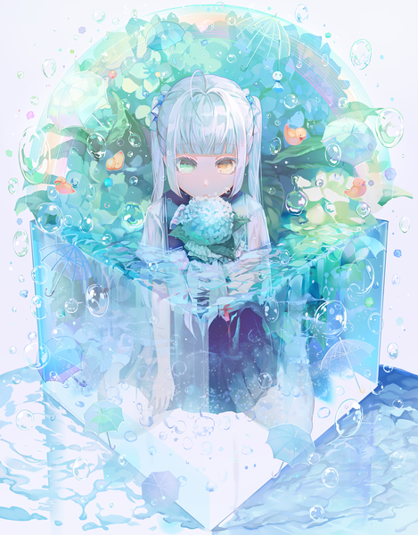 Anime picture 1500x1918 with original tlla (artist) single long hair tall image looking at viewer blush fringe simple background twintails green eyes yellow eyes payot silver hair ahoge blunt bangs pleated skirt heterochromia partially submerged wet clothes