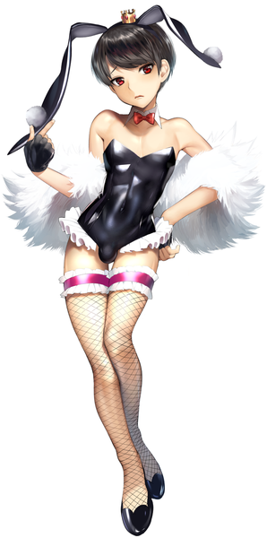 Anime-Bild 1200x2415 mit original wadani hitonori single tall image looking at viewer fringe short hair light erotic black hair simple background red eyes standing white background bare shoulders animal ears full body head tilt bunny ears fur trim hand on hip