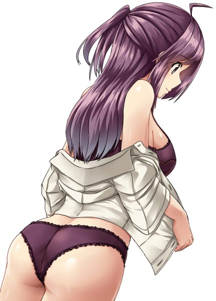 Anime picture 3500x4884 with kantai collection hagikaze (kantai collection) kamelie single long hair tall image blush fringe highres breasts light erotic simple background standing white background bare shoulders brown eyes looking away absurdres purple hair ahoge