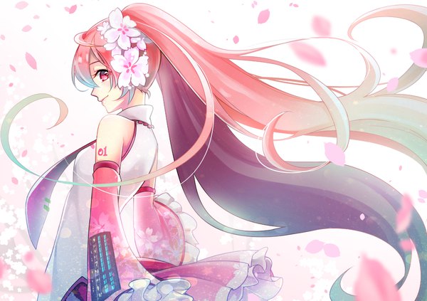 Anime picture 1000x706 with vocaloid hatsune miku sakura miku mamo (fortune-mm) single looking at viewer twintails pink hair upper body very long hair profile pink eyes hair flower wind gradient hair girl flower (flowers) detached sleeves petals necktie