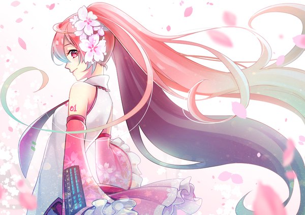 イラスト 1000x706 と ボーカロイド 初音ミク 桜ミク mamo (fortune-mm) ソロ カメラ目線 ツインテール ピンク髪 upper body very long hair プロフィール ピンク目 hair flower 風 gradient hair 女の子 花 袖だけ 花弁 ネクタイ