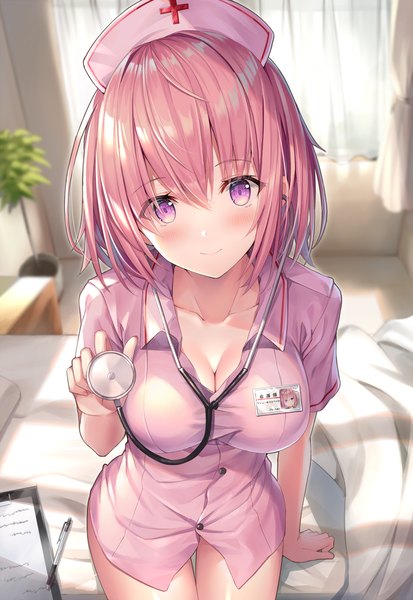 Anime picture 846x1227 with fate (series) fate/grand order mash kyrielight rin yuu single tall image looking at viewer blush fringe short hair breasts light erotic smile hair between eyes standing purple eyes holding pink hair cleavage indoors