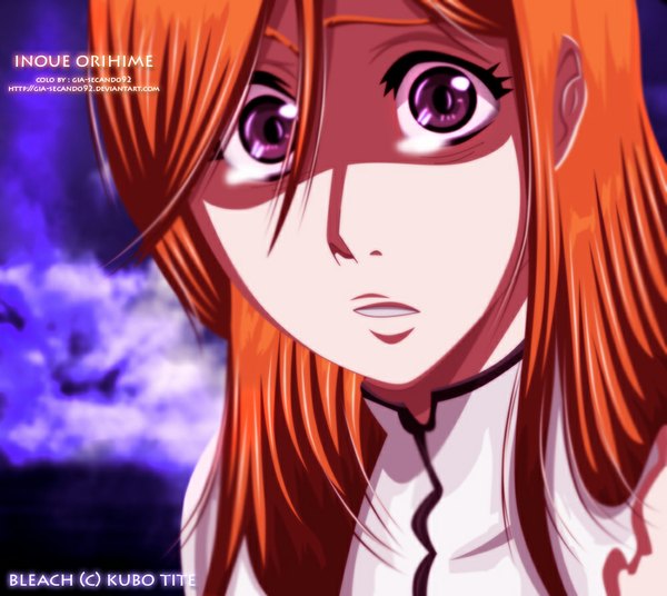 Anime picture 1000x894 with bleach studio pierrot inoue orihime seireiart single long hair sky cloud (clouds) pink eyes orange hair inscription coloring portrait girl