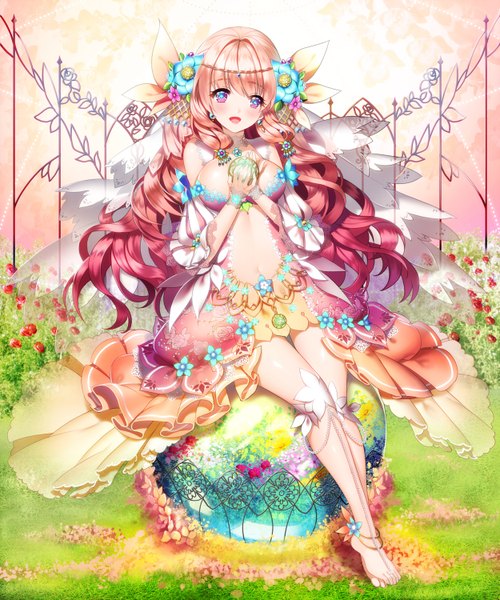 Anime picture 1250x1500 with original aile (crossroads) single long hair tall image looking at viewer blush breasts open mouth light erotic sitting purple eyes pink hair barefoot hair flower girl dress hair ornament flower (flowers)