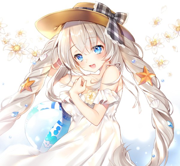 Anime picture 946x876 with fate (series) fate/grand order marie antoinette (fate/grand order) marie antoinette (swimsuit caster) (fate) pingo single long hair blush fringe open mouth blue eyes twintails bare shoulders silver hair drill hair arm behind head girl dress flower (flowers) hat