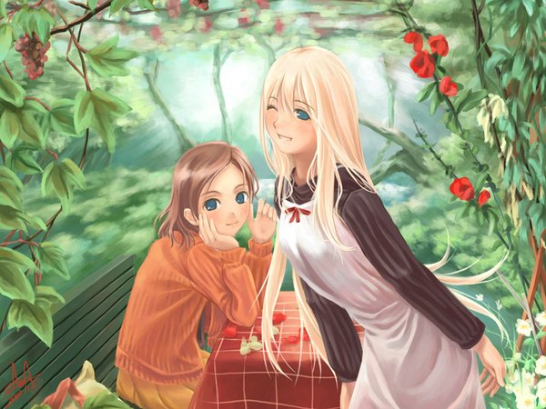 Anime picture 1024x768 with original long hair short hair blue eyes blonde hair smile brown hair sitting multiple girls one eye closed wink leaning leaning forward head rest nature girl dress flower (flowers) 2 girls food