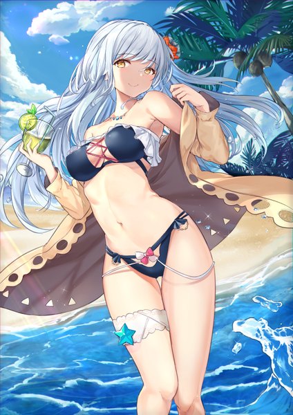 Anime picture 1091x1544 with original mosta (lo1777789) single long hair tall image looking at viewer blush fringe breasts light erotic smile large breasts standing bare shoulders holding yellow eyes sky silver hair cloud (clouds) blunt bangs