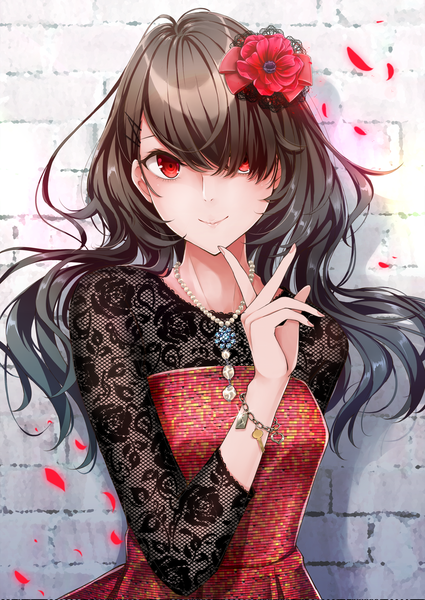 Anime picture 1200x1694 with original dabadhi single long hair tall image looking at viewer blush fringe smile red eyes brown hair upper body arm up hair over one eye against wall girl flower (flowers) petals bracelet bobby pin