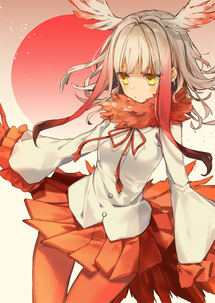 Anime picture 600x847 with kemono friends crested ibis (kemono friends) oshio (dayo) single long hair tall image looking at viewer fringe breasts yellow eyes white hair red hair blunt bangs pleated skirt wide sleeves fur trim gradient hair head wings asymmetrical hair girl