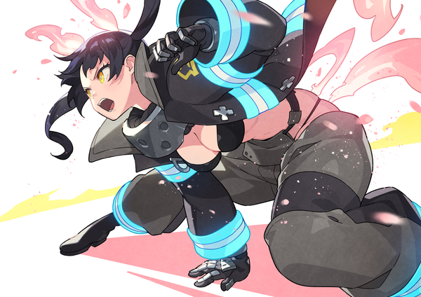 Anime picture 1228x868 with en'en no shouboutai david production tamaki kotatsu kin niku single long hair open mouth light erotic black hair twintails yellow eyes looking away open clothes arm support spread legs fighting stance swimsuit under clothes girl bikini top fire