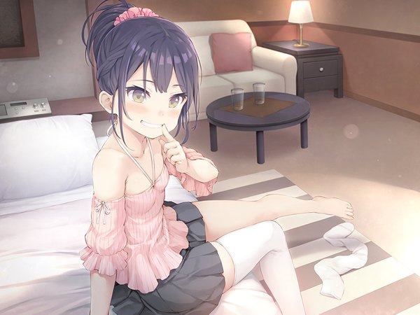 Anime picture 800x600 with original namaru (summer dandy) single looking at viewer blush fringe short hair smile sitting purple eyes bare shoulders purple hair ponytail indoors braid (braids) pleated skirt official art loli grin finger to mouth