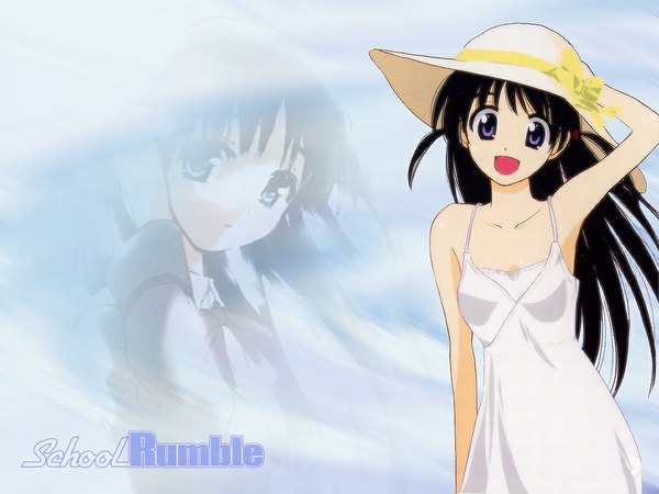 Anime picture 1024x768 with school rumble tsukamoto tenma single long hair looking at viewer fringe open mouth black hair bare shoulders black eyes happy adjusting hat girl dress hat white dress