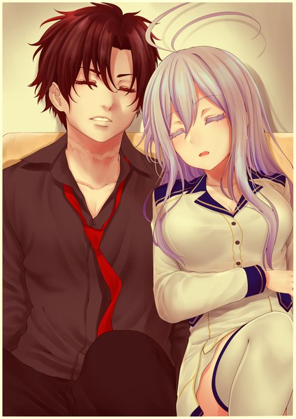 Anime picture 3541x5016 with 86 -eightysix- vladilena millize shinei nouzen red hayao long hair tall image blush fringe highres short hair open mouth black hair hair between eyes sitting absurdres silver hair ahoge bent knee (knees) eyes closed couple