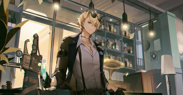 Anime picture 2701x1403 with arknights tequila (arknights) tequila (card winner) (arknights) nagito single highres short hair blue eyes blonde hair smile wide image animal ears upper body indoors from below official alternate costume open collar sunglasses on head dog ears boy