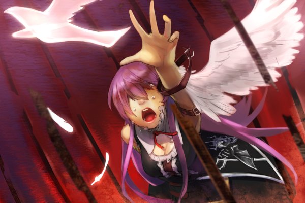 Anime picture 2400x1600 with vocaloid megurine luka jiu daimu (artist) long hair fringe highres open mouth simple background pink hair very long hair tears spread arms red background angel wings crying bat wings purple background hair over eyes screaming girl