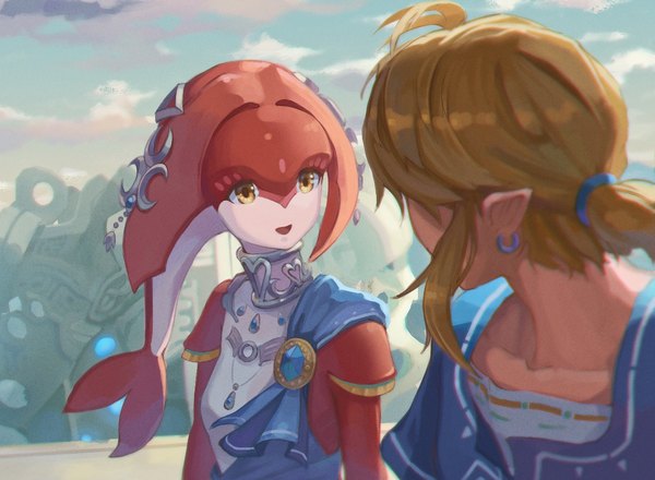 Anime picture 1432x1050 with the legend of zelda the legend of zelda: breath of the wild nintendo link mipha saburou (jako) short hair open mouth blonde hair yellow eyes sky cloud (clouds) ahoge outdoors ponytail :d pointy ears turning head talking girl