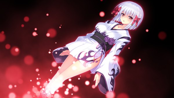 Anime picture 2048x1152 with koiken otome single looking at viewer blush highres short hair wide image game cg white hair traditional clothes japanese clothes pink eyes dark background girl hair ornament kimono obi