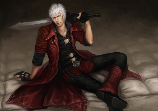 Anime picture 1500x1057 with devil may cry dante (devil may cry) artofcai single short hair sitting white hair realistic boy gloves weapon sword belt fingerless gloves pants coat