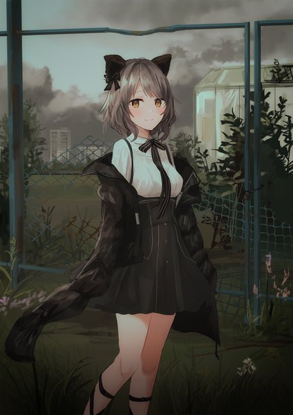 Anime picture 1414x2000 with original chihuri single tall image looking at viewer blush fringe short hair brown eyes animal ears payot sky cloud (clouds) bent knee (knees) outdoors grey hair cat ears off shoulder open jacket shadow