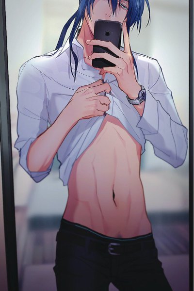 Anime picture 801x1200 with idolish 7 ogami banri rinutiso1 single long hair tall image looking at viewer fringe light erotic hair between eyes holding blue hair long sleeves aqua eyes blurry reflection muscle covered mouth shirt lift self shot