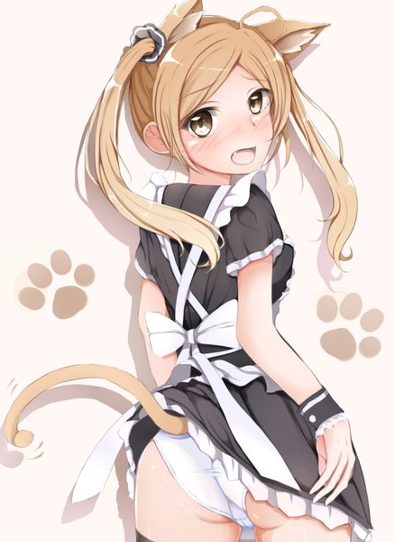 Anime picture 664x909 with original matsurika (j297021302) single long hair tall image blush open mouth light erotic blonde hair twintails brown eyes animal ears ass tail animal tail cat ears cat girl cat tail girl dress