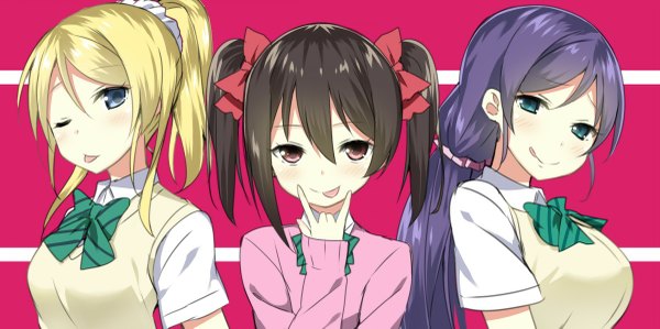 Anime picture 1200x599 with love live! school idol project sunrise (studio) love live! yazawa nico toujou nozomi ayase eli sky-freedom long hair looking at viewer blush blue eyes black hair blonde hair red eyes wide image twintails multiple girls purple hair ponytail one eye closed