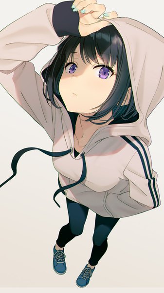 Anime picture 750x1334 with original hyuuga azuri single tall image looking at viewer fringe short hair breasts black hair simple background standing white background purple eyes payot full body long sleeves nail polish fingernails from above sleeves past wrists