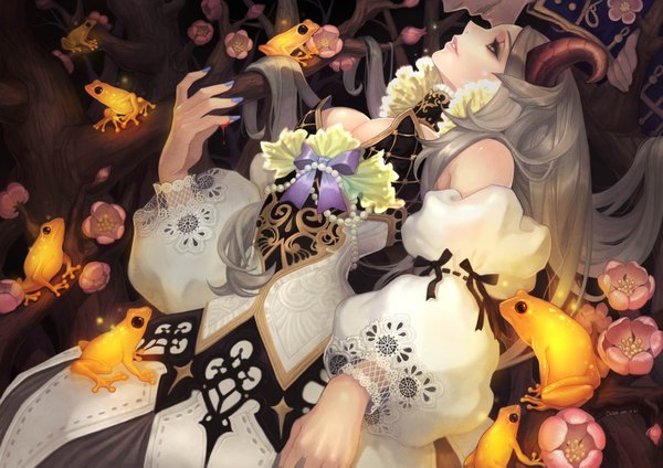Anime picture 1500x1061 with original olivia (yh) single long hair yellow eyes nail polish horn (horns) grey hair girl dress flower (flowers) bow plant (plants) tree (trees) blood frog
