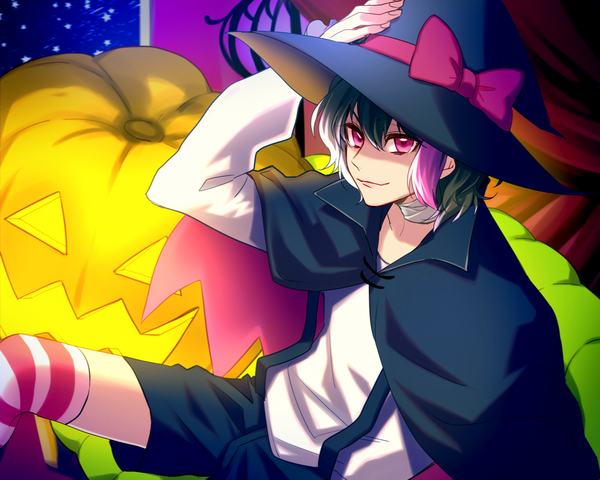 Anime picture 1500x1200 with b-project a-1 pictures korekuni ryuuji ykrk 10 single fringe short hair black hair smile hair between eyes sitting pink eyes multicolored hair two-tone hair streaked hair shaded face halloween adjusting hat thighhighs boy