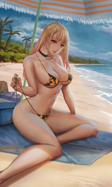Anime picture 1500x2500 with sono bisque doll wa koi wo suru cloverworks kitagawa marin yangmie mieyi single long hair tall image fringe breasts light erotic blonde hair red eyes large breasts sitting looking away sky cleavage cloud (clouds) bent knee (knees) nail polish