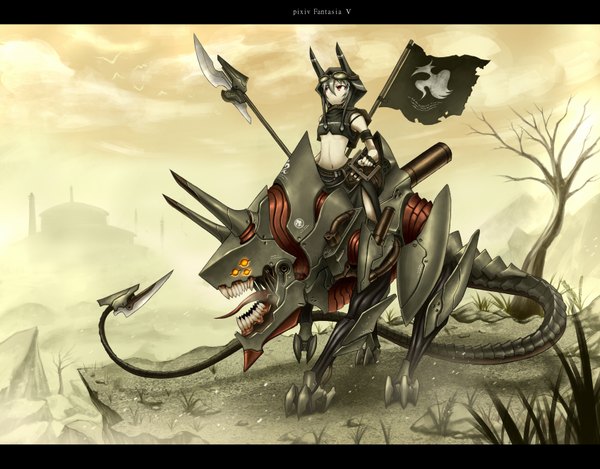 Anime picture 1700x1329 with original gia short hair red eyes white hair tail horn (horns) pointy ears letterboxed girl navel weapon plant (plants) hat animal tree (trees) glasses tongue flag banner