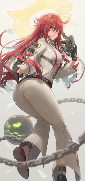 Anime picture 4323x9141 with guilty gear guilty gear xrd jack-o (guilty gear) free style (yohan1754) single long hair tall image looking at viewer blush fringe highres light erotic smile hair between eyes standing holding green eyes absurdres full body ass