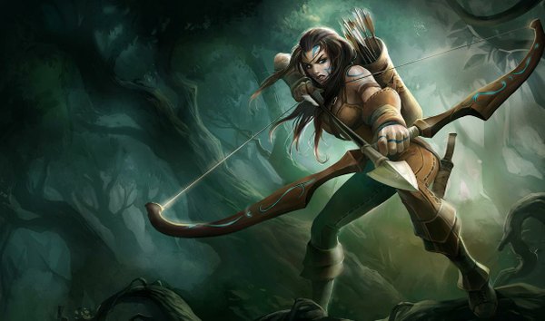 Anime picture 1215x717 with league of legends ashe (league of legends) single long hair looking at viewer brown hair wide image green eyes tattoo shot girl weapon plant (plants) tree (trees) forest bow (weapon) arrow (arrows) dagger