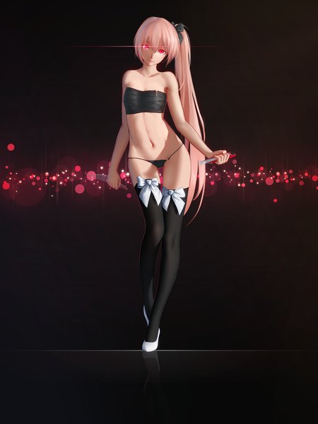 Anime picture 2000x2667 with original maredoro single tall image looking at viewer highres light erotic red eyes pink hair ponytail midriff side ponytail glowing flat chest dark background glowing eye (eyes) girl thighhighs navel underwear
