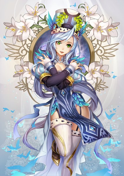 Anime picture 720x1024 with original j.lili single long hair tall image looking at viewer green eyes blue hair girl thighhighs dress flower (flowers) hat animal white thighhighs bird (birds)