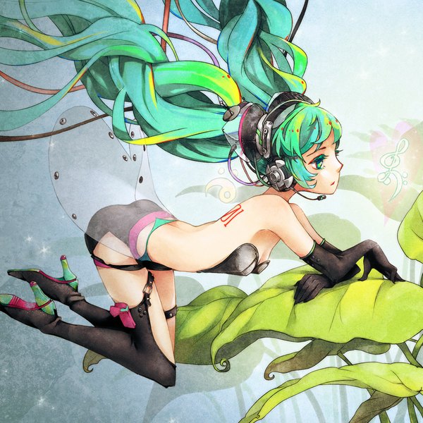 Anime picture 800x800 with vocaloid hatsune miku siting zeng single light erotic twintails bare shoulders very long hair profile aqua eyes aqua hair high heels flying treble clef girl gloves plant (plants) black gloves elbow gloves boots