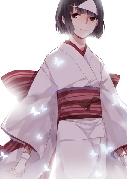 Anime picture 827x1169 with noragami studio bones nora (noragami) riceko single tall image fringe short hair black hair simple background smile white background brown eyes looking away traditional clothes japanese clothes flying glow body writing girl